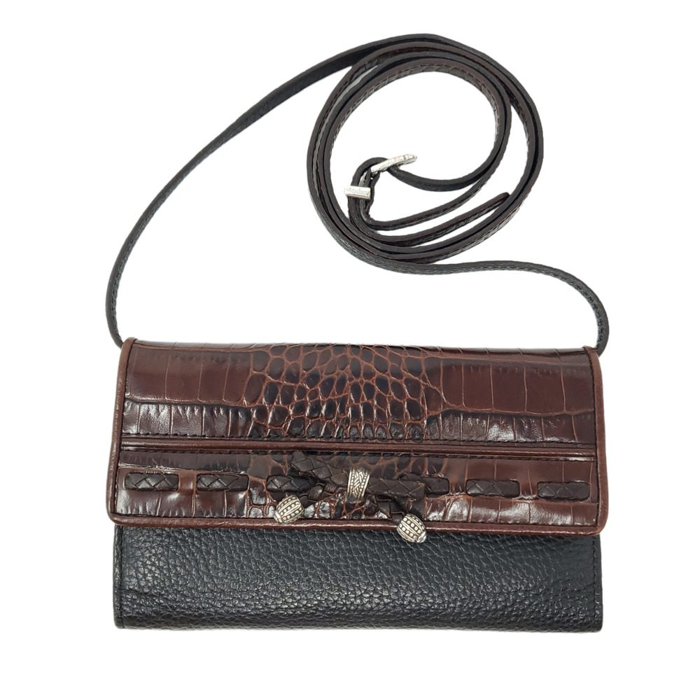 Brighton Brown Black Leather Crocodile Embossed Crossbody Clutch Wallet Bag